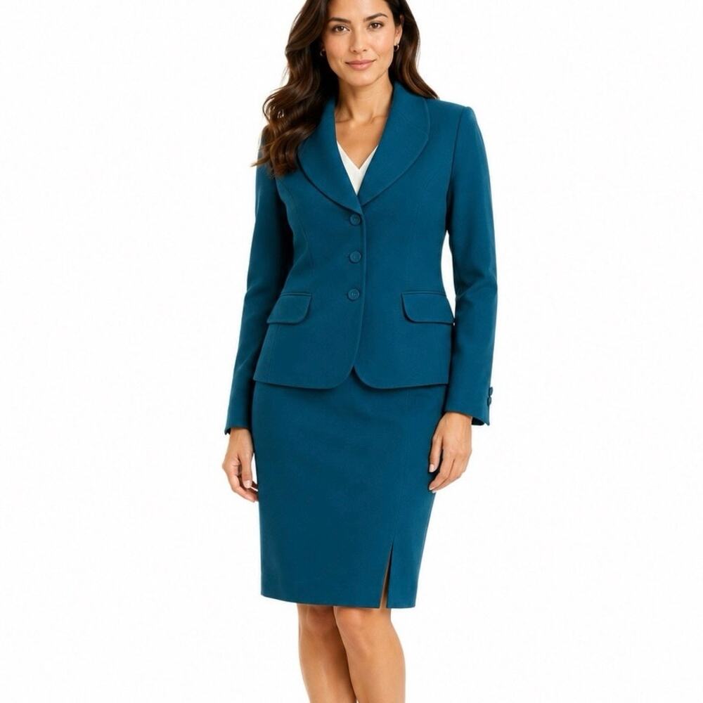 Tahari Arthur Levine Teal Wool Blend Skirt Suit Size 8 Career Office Jacket Set
